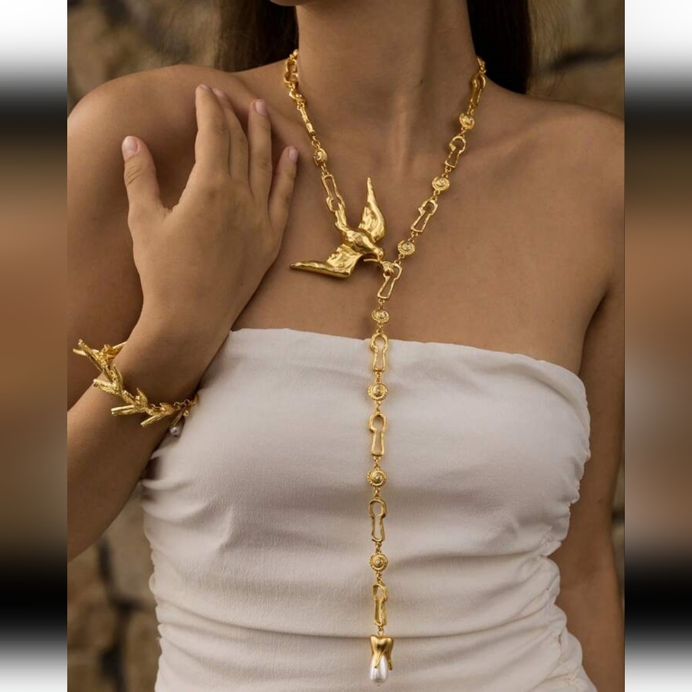 Gold Plated Bird Pendant Lariat Necklace.zinc alloy, pearl, premium.